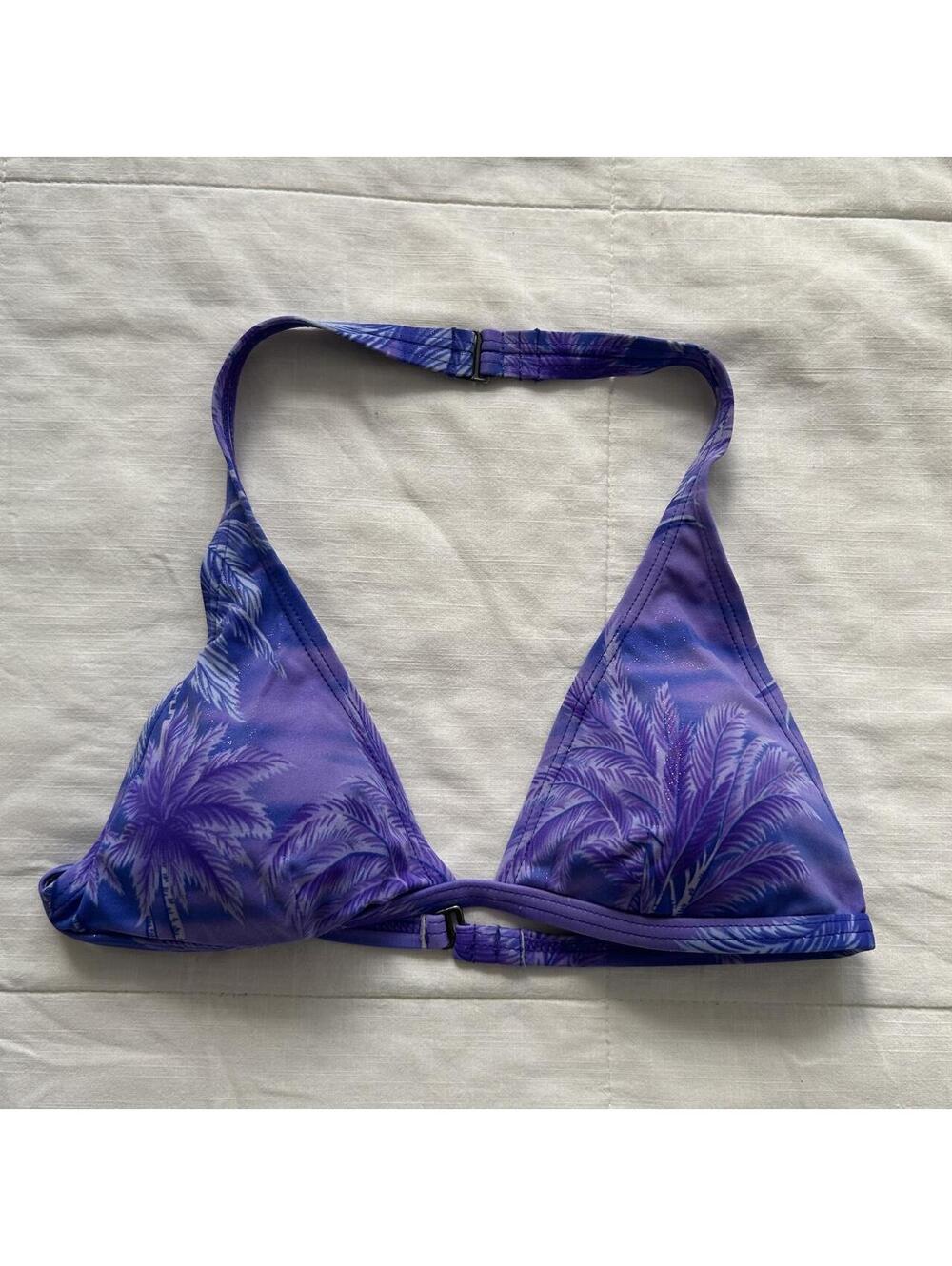 Y2K Purple Tropical Palm Print Halter Bikini Top Shimmer Swimwear